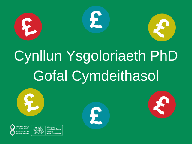 Graffig gydag arwyddion punt a chynllun ysgoloriaeth PhD gofal cymdeithasol