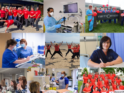 Collage o weithwyr gofal iechyd proffesiynol a gwirfoddolwyr sy'n cymryd rhan mewn ymchwil, gwaith clinigol, gweithgareddau grŵp, ac yn dathlu Diwrnod Red4Research, gyda rhai yn dal baner Cymru a balŵns coch.