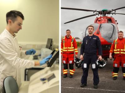 a_man_in_a_lab_and_men_standing_in_front_of_ambulance