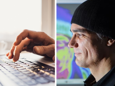 a_splitscreen_with_one_photo_showing_a_peson_typing_on_a_keyboard_and_the_other_showing_a_man_in_a_hat