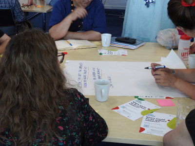 A group of people sitting around a table a discussing research. 